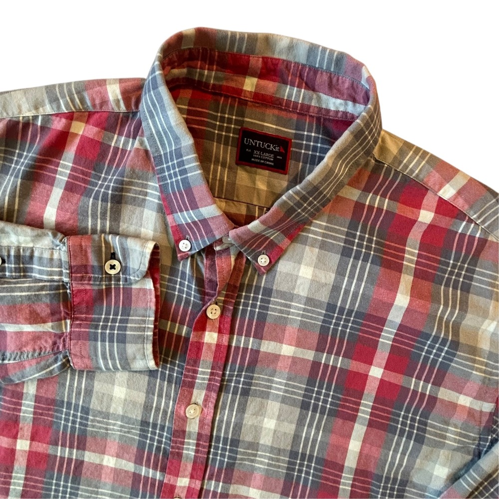 UNTUCKit Mens XXL Long Sleeve Plaid Button Down Shirt Red Gray Cotton